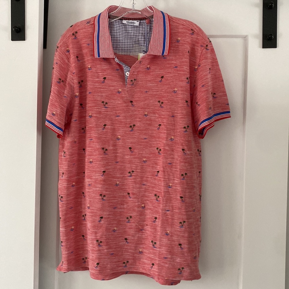 PROJEKRAW polo golf shirt coral almond palm trees stripe collar M NWT PROJEK RAW